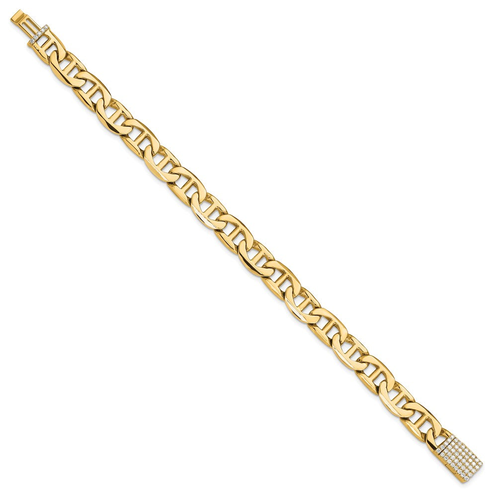 Yellow Gold 14KY 8mm Hand-polished Anchor Link Diamond Clasp Chain Bracelet