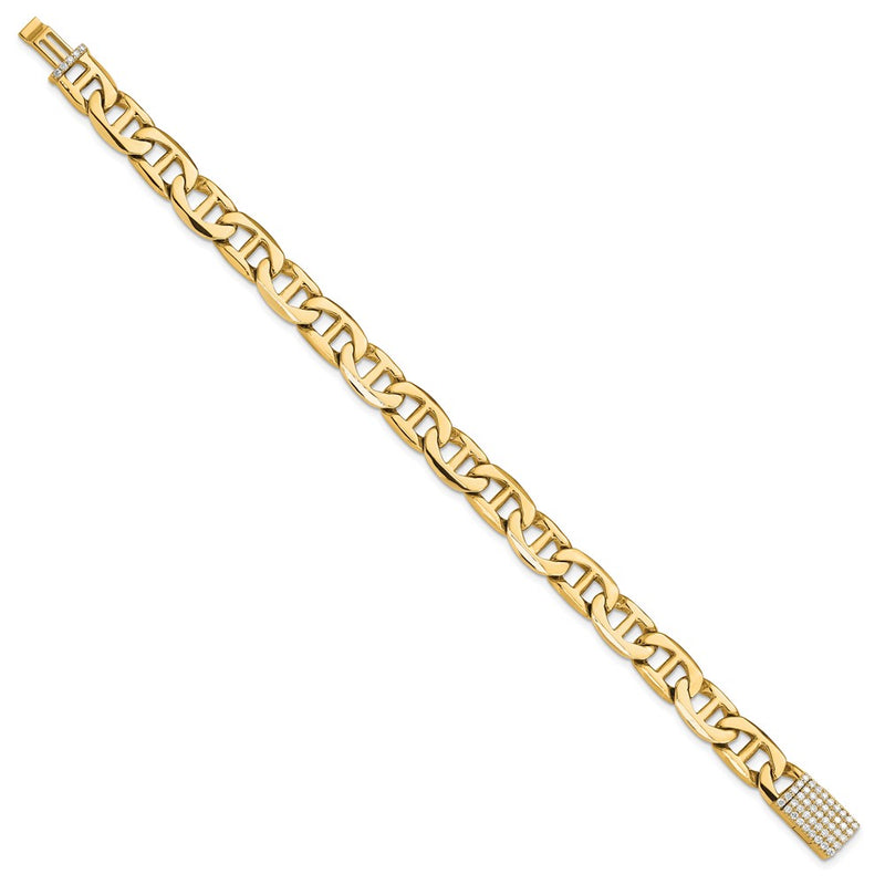 Yellow Gold 14KY 8mm Hand-polished Anchor Link Diamond Clasp Chain Bracelet