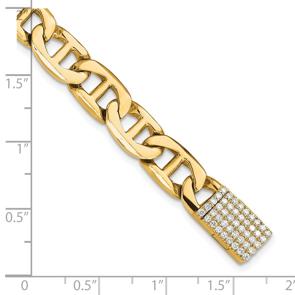 Yellow Gold 14KY 8mm Hand-polished Anchor Link Diamond Clasp Chain Bracelet