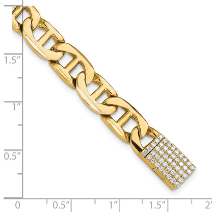 Yellow Gold 14KY 8mm Hand-polished Anchor Link Diamond Clasp Chain Bracelet