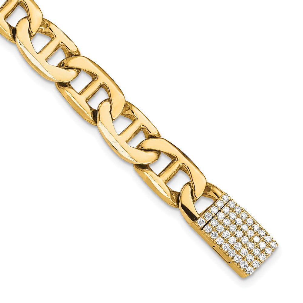 Yellow Gold 14KY 8mm Hand-polished Anchor Link Diamond Clasp Chain Bracelet