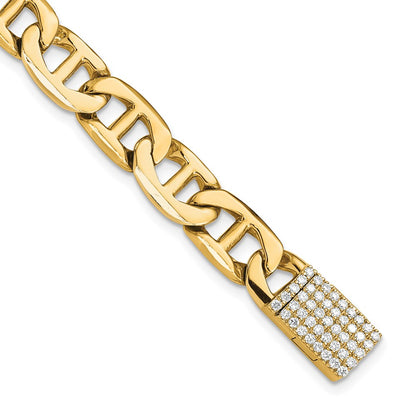 Yellow Gold 14KY 8mm Hand-polished Anchor Link Diamond Clasp Chain Bracelet