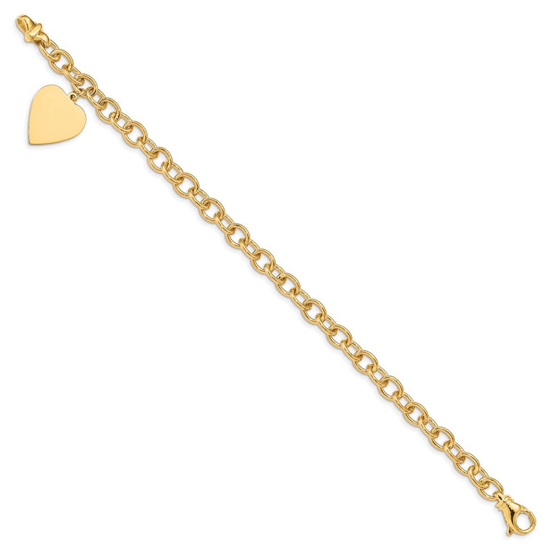 14K Yellow Gold Engravable 23X17mm Solid Dangle Heart Charm And Polished Link 7.5 Inch Bracelet