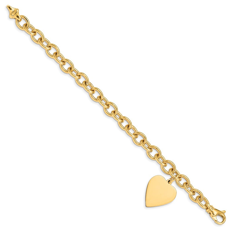 14K Yellow Gold Engravable 25X19mm Solid Dangle Heart Charm And Polished Link 8.5 Inch Bracelet