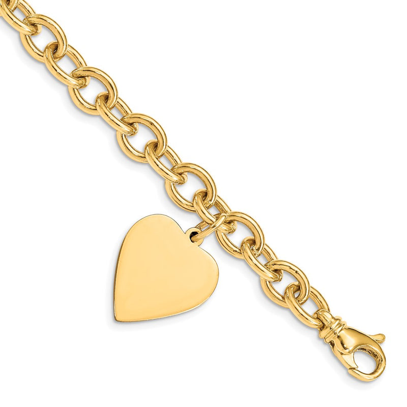 14K Yellow Gold Engravable 25X19mm Solid Dangle Heart Charm And Polished Link 8.5 Inch Bracelet