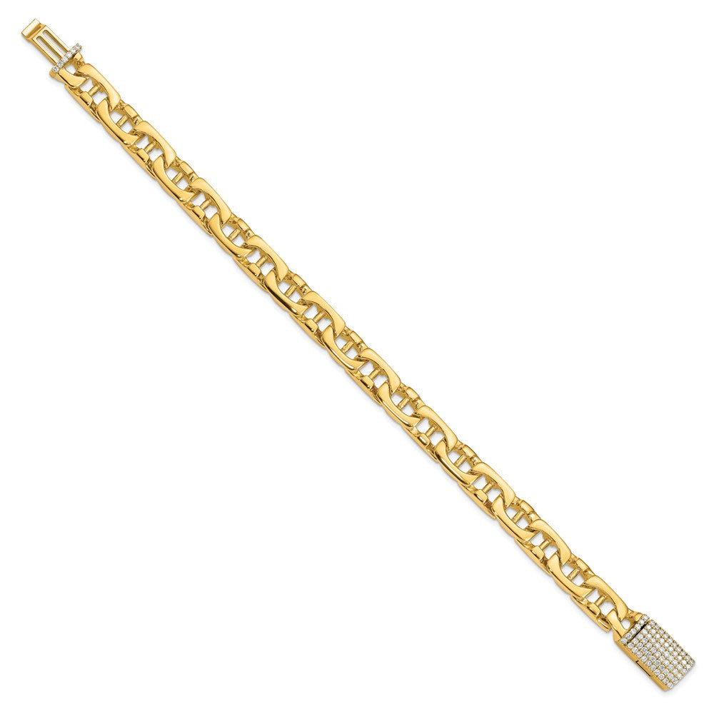 14K Yellow Gold 8.5mm Hand-polished Fancy Link Diamond Clasp Chain Bracelet