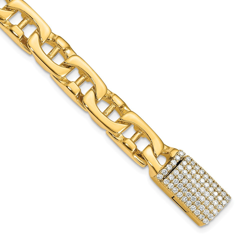 14K Yellow Gold 8.5mm Hand-polished Fancy Link Diamond Clasp Chain Bracelet