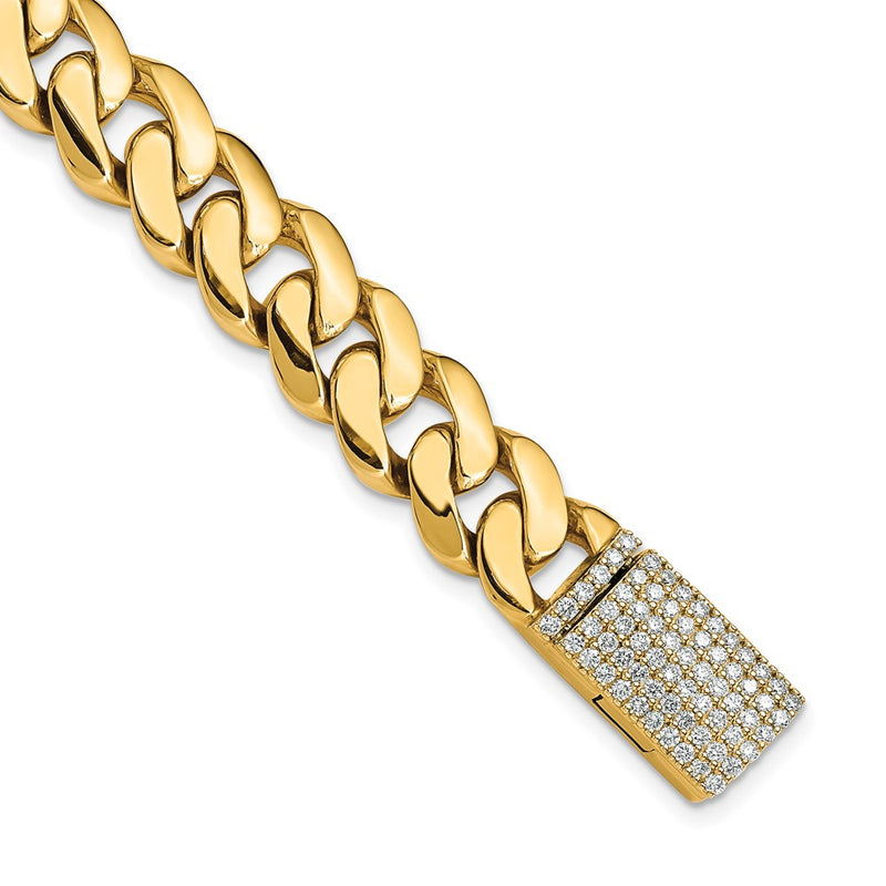 14k Yellow Gold 10.75mm Hand Polished Fancy Link Diamond Clasp Chain Bracelet