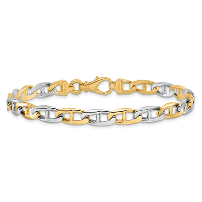 Solid 14K Two-tone Gold 9 inch 6.6mm Hand Polished Fancy Flat Anchor Link with Fancy Lobster Clasp Bracelet