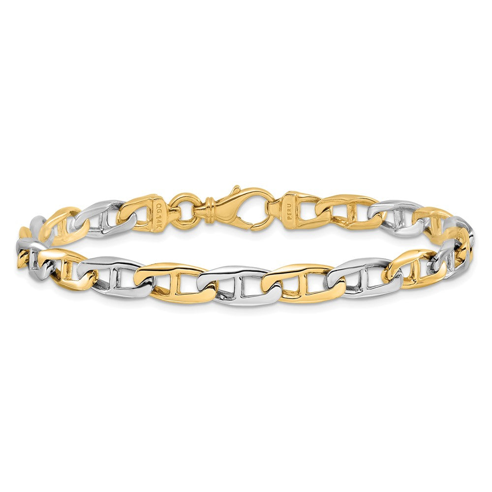 Solid 14K Two-tone Gold 9 inch 6.6mm Hand Polished Fancy Flat Anchor Link with Fancy Lobster Clasp Bracelet