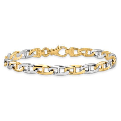 Solid 14K Two-tone Gold 9 inch 6.6mm Hand Polished Fancy Flat Anchor Link with Fancy Lobster Clasp Bracelet
