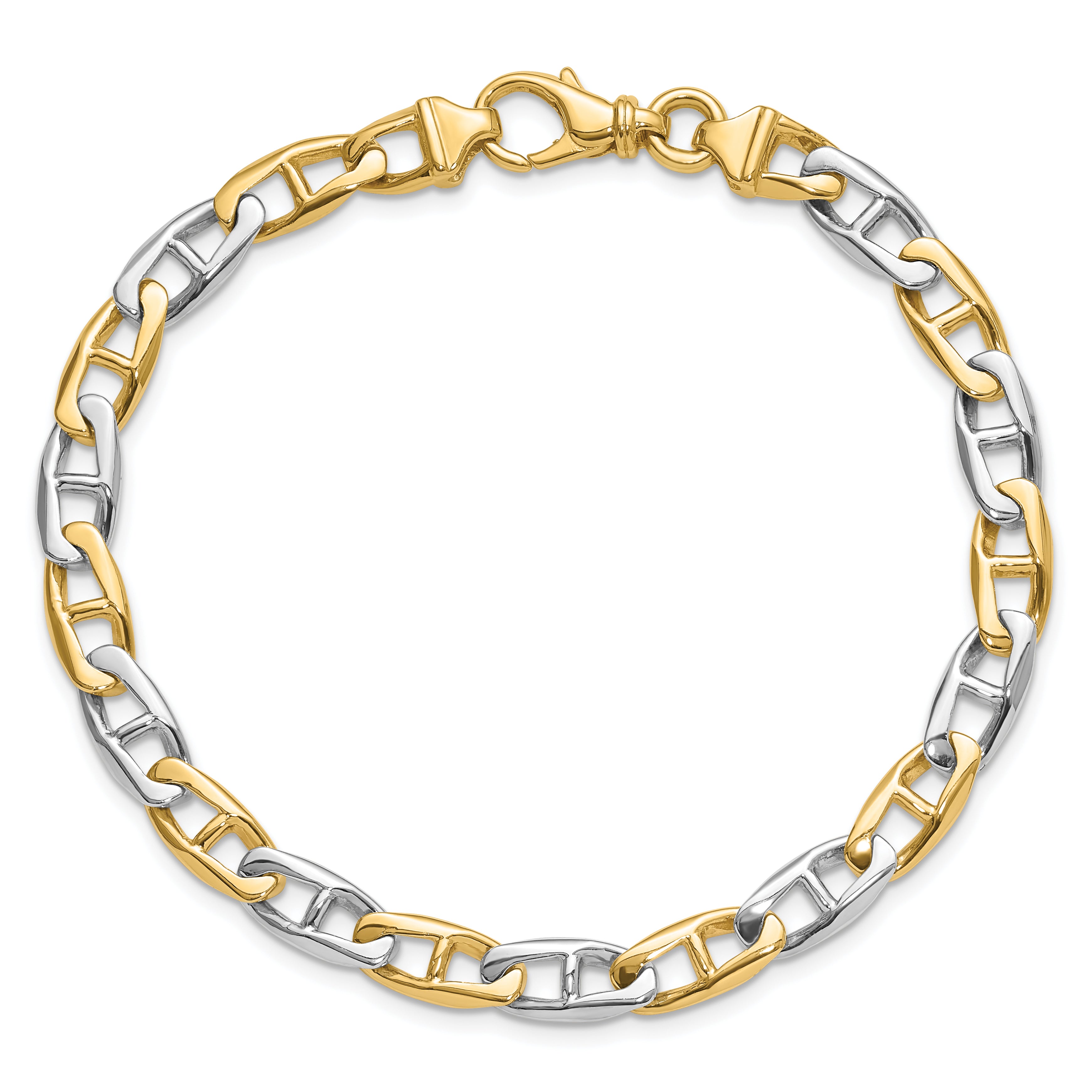 Solid 14K Two-tone Gold 9 inch 6.6mm Hand Polished Fancy Flat Anchor Link with Fancy Lobster Clasp Bracelet