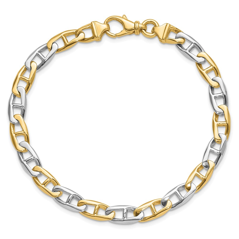 Solid 14K Two-tone Gold 9 inch 6.6mm Hand Polished Fancy Flat Anchor Link with Fancy Lobster Clasp Bracelet