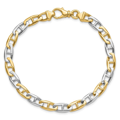 Solid 14K Two-tone Gold 9 inch 6.6mm Hand Polished Fancy Flat Anchor Link with Fancy Lobster Clasp Bracelet