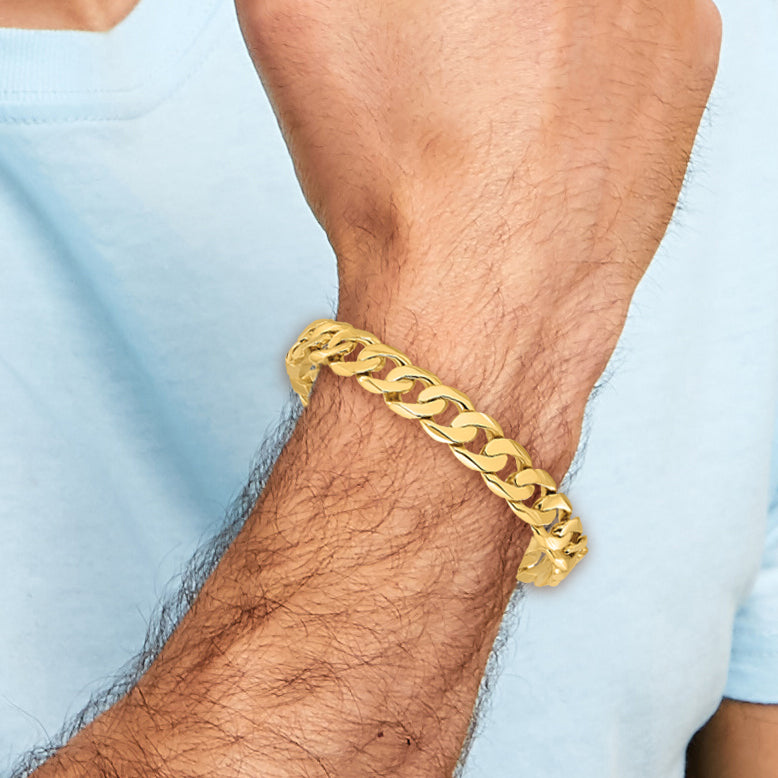 Solid 14K Yellow Gold 9 inch 11mm Hand Polished Fancy Link with Fancy Lobster Clasp Bracelet