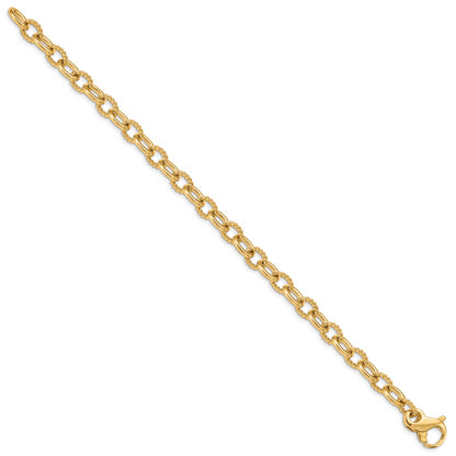 Solid 14K Yellow Gold 9 inch 7.8mm Hand Polished and Textured Fancy Link with Fancy Lobster Clasp Bracelet