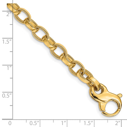 Solid 14K Yellow Gold 9 inch 6.2mm Hand Polished with Ridged Edge Fancy Link Fancy Lobster Clasp Chain Bracelet