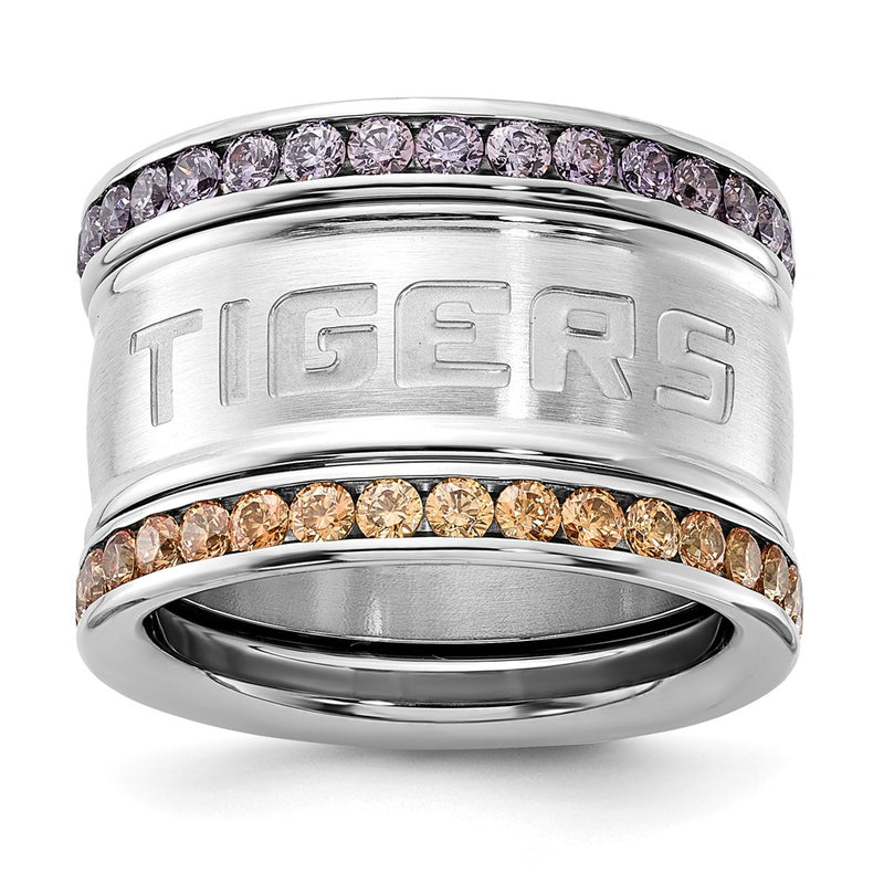 Stainless Steel Collegiate Louisiana State U Crystal Stacked Ring Set (Size 6 Only)