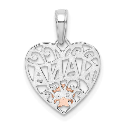 14K Two-Tone White Gold W/rose Gold Flower Nana Heart Pendant