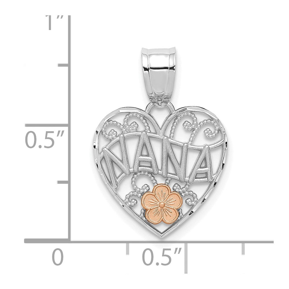 14K Two-Tone White Gold W/rose Gold Flower Nana Heart Pendant