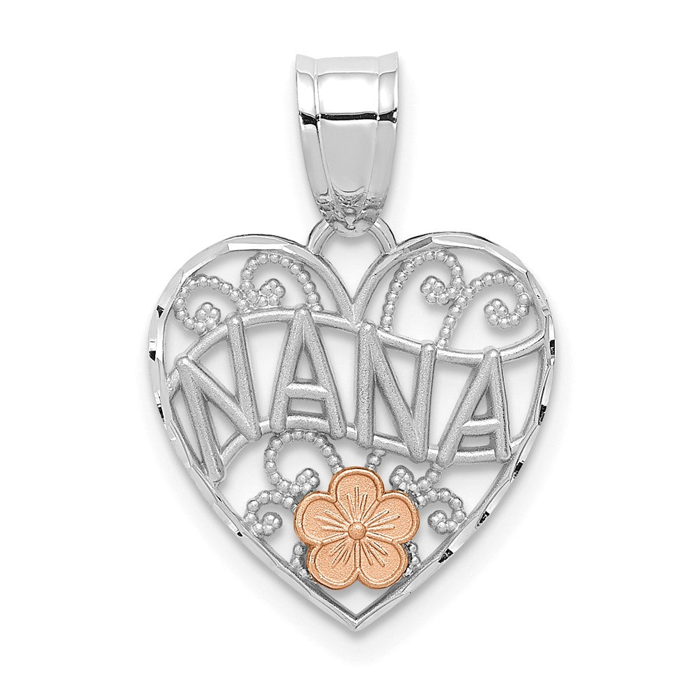 14K Two-Tone White Gold W/rose Gold Flower Nana Heart Pendant