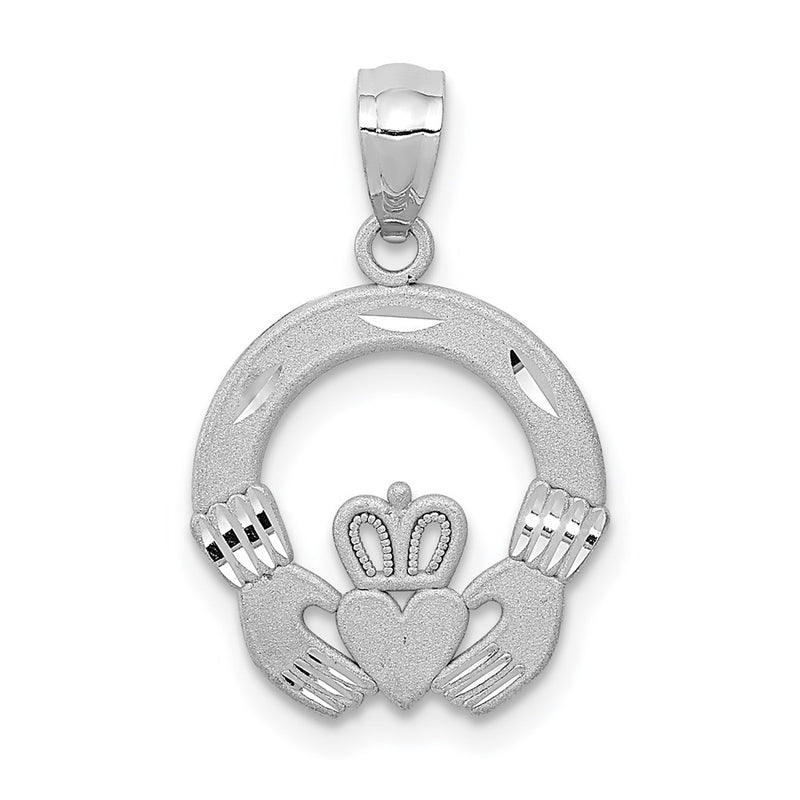 14K White Gold Solid D/C Claddagh Pendant