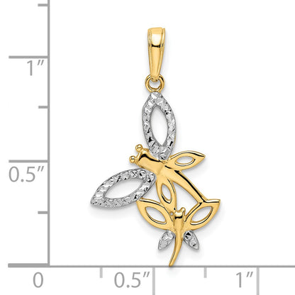 14K Yellow & Rhodium And White Diamond-Cut Dragonflies Pendant