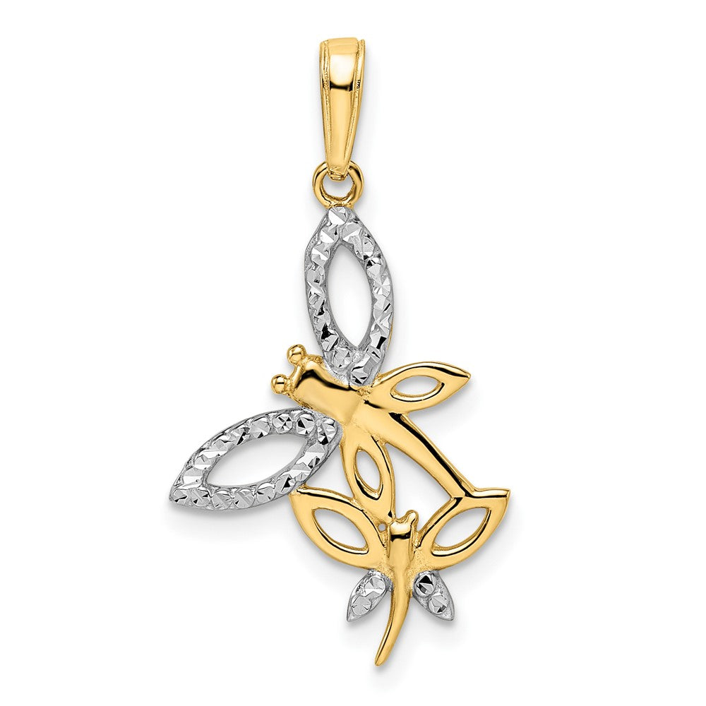 14K Yellow & Rhodium And White Diamond-Cut Dragonflies Pendant