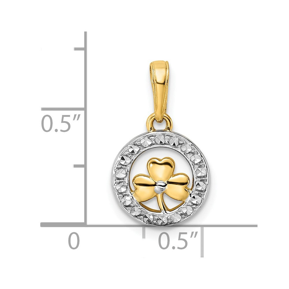 14K Yellow & Rhodium And White Diamond-Cut Clover In Circle Pendant