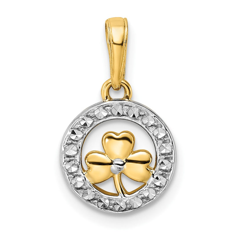 14K Yellow & Rhodium And White Diamond-Cut Clover In Circle Pendant