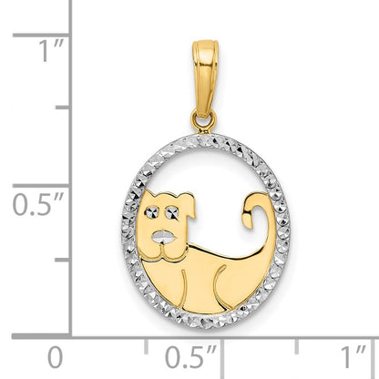 14K Yellow & Rhodium And White Diamond-Cut Dog In Oval Pendant