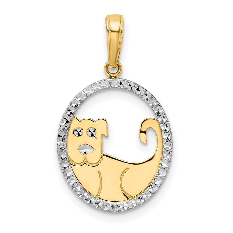 14K Yellow & Rhodium And White Diamond-Cut Dog In Oval Pendant