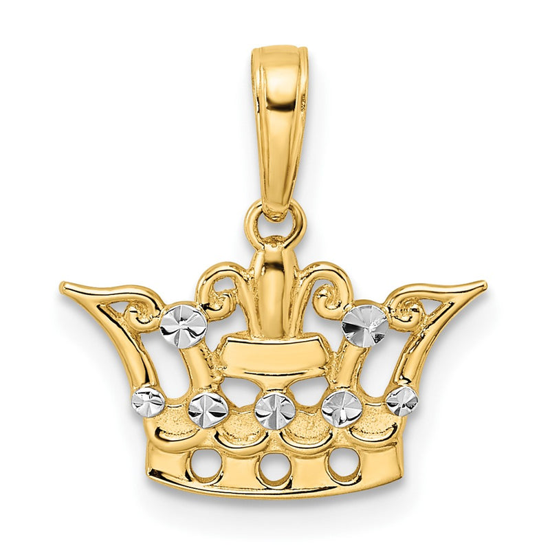 14K Yellow & Rhodium And White Diamond-Cut Crown Pendant