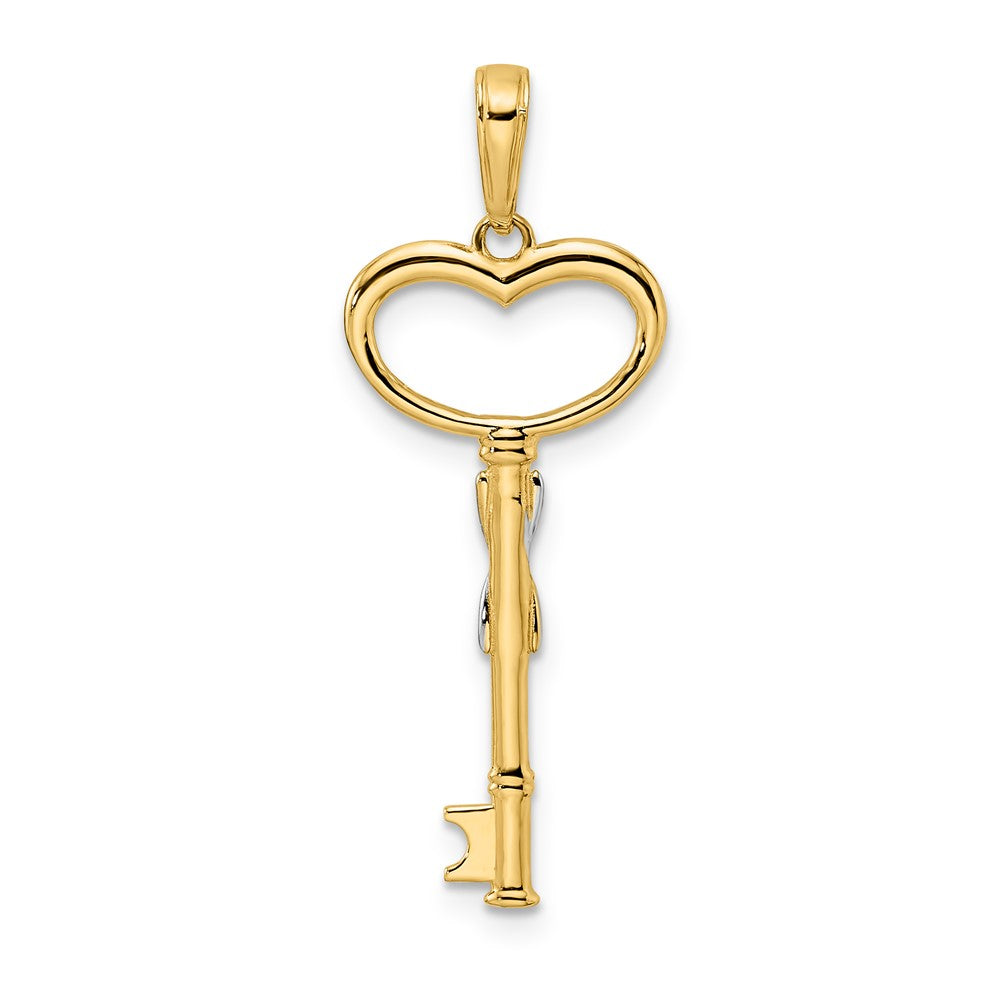 14K Yellow & Rhodium And White Diamiond-Cut Heart Key Pendant