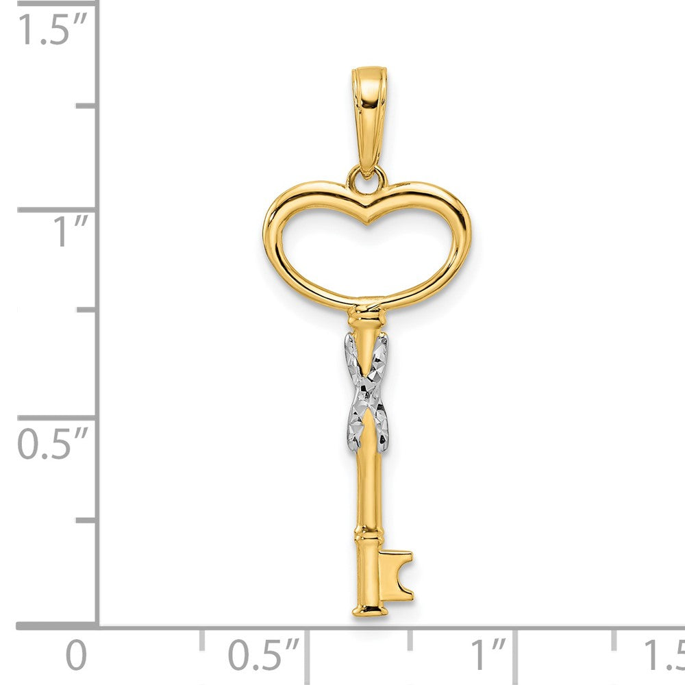 14K Yellow & Rhodium And White Diamiond-Cut Heart Key Pendant