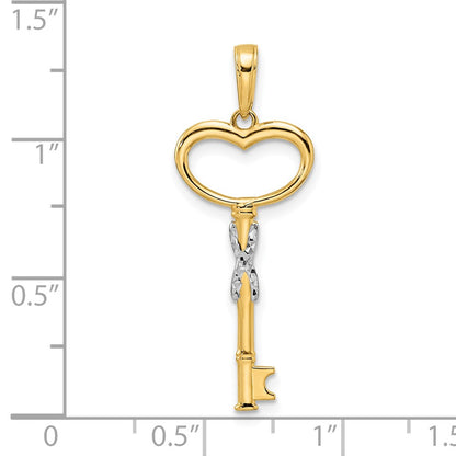 14K Yellow & Rhodium And White Diamiond-Cut Heart Key Pendant