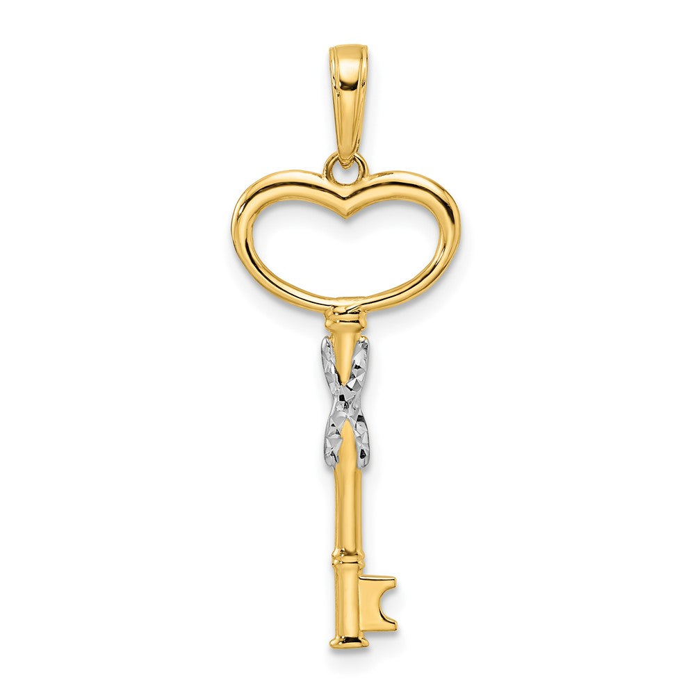 14K Yellow & Rhodium And White Diamiond-Cut Heart Key Pendant
