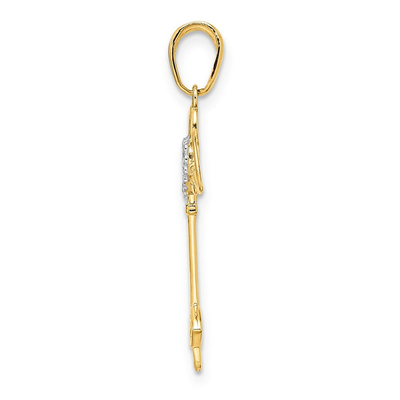 14K Yellow & Rhodium And White D/C Heart/ Angel Wings Key Pendant