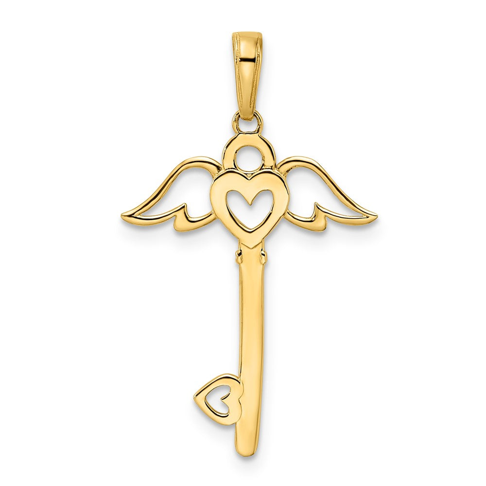 14K Yellow & Rhodium And White D/C Heart/ Angel Wings Key Pendant