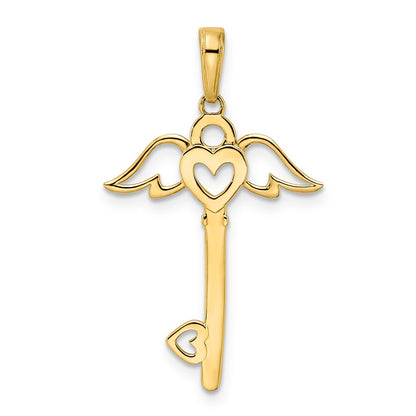 14K Yellow & Rhodium And White D/C Heart/ Angel Wings Key Pendant