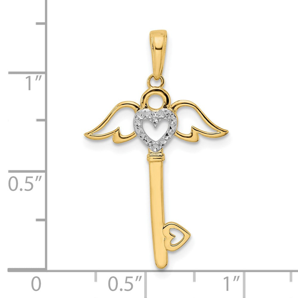 14K Yellow & Rhodium And White D/C Heart/ Angel Wings Key Pendant