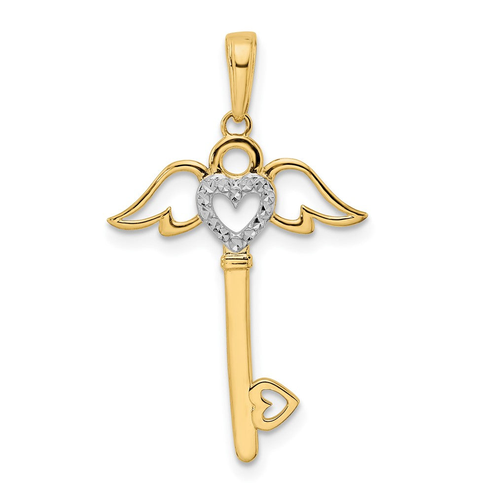 14K Yellow & Rhodium And White D/C Heart/ Angel Wings Key Pendant