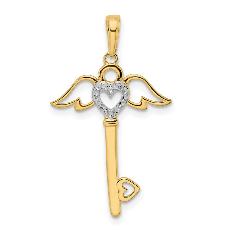 14K Yellow & Rhodium And White D/C Heart/ Angel Wings Key Pendant