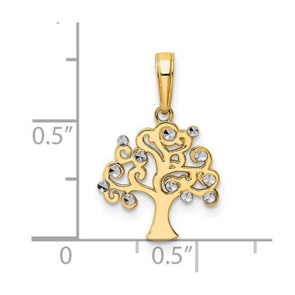 14K Yellow & Rhodium And White Diamond-Cut Tree Of Life Pendant