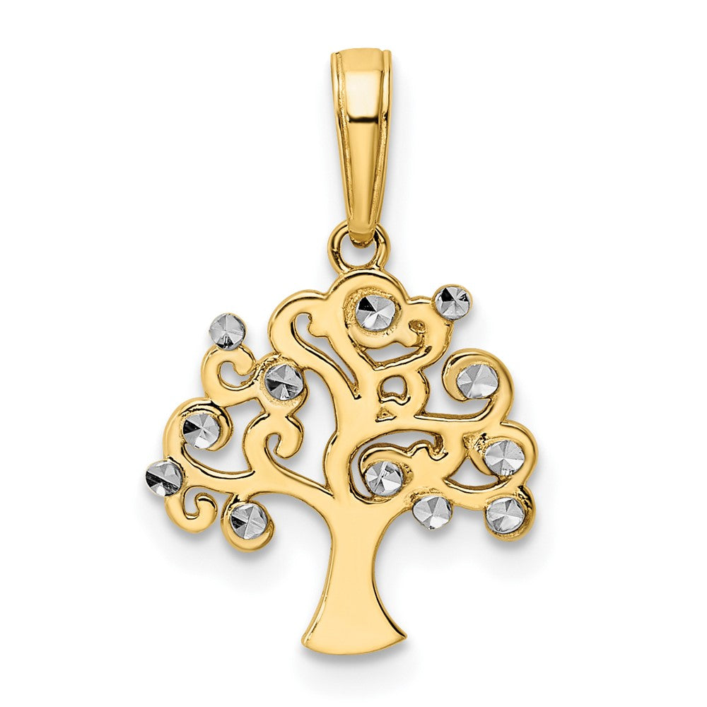 14K Yellow & Rhodium And White Diamond-Cut Tree Of Life Pendant