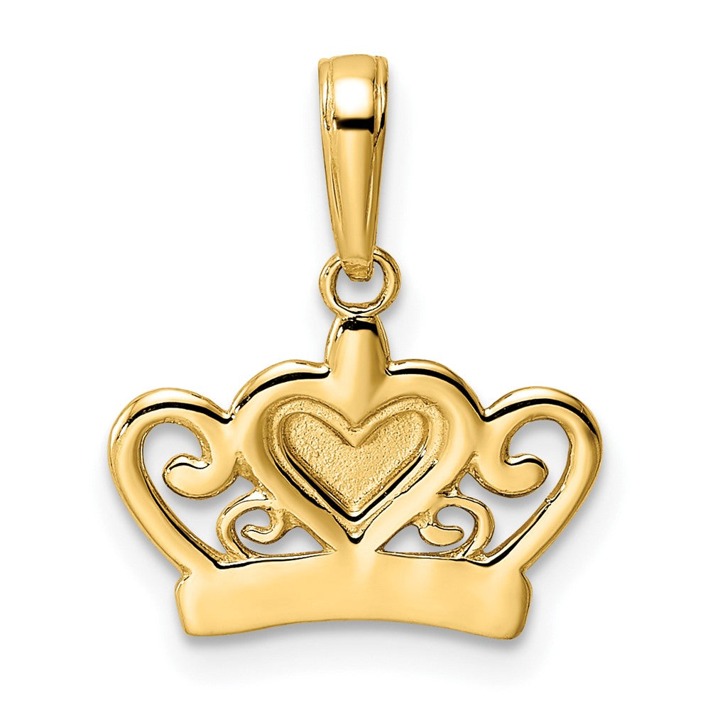 14K Yellow & Rhodium And White Diamond-Cut Heart Crown Pendant