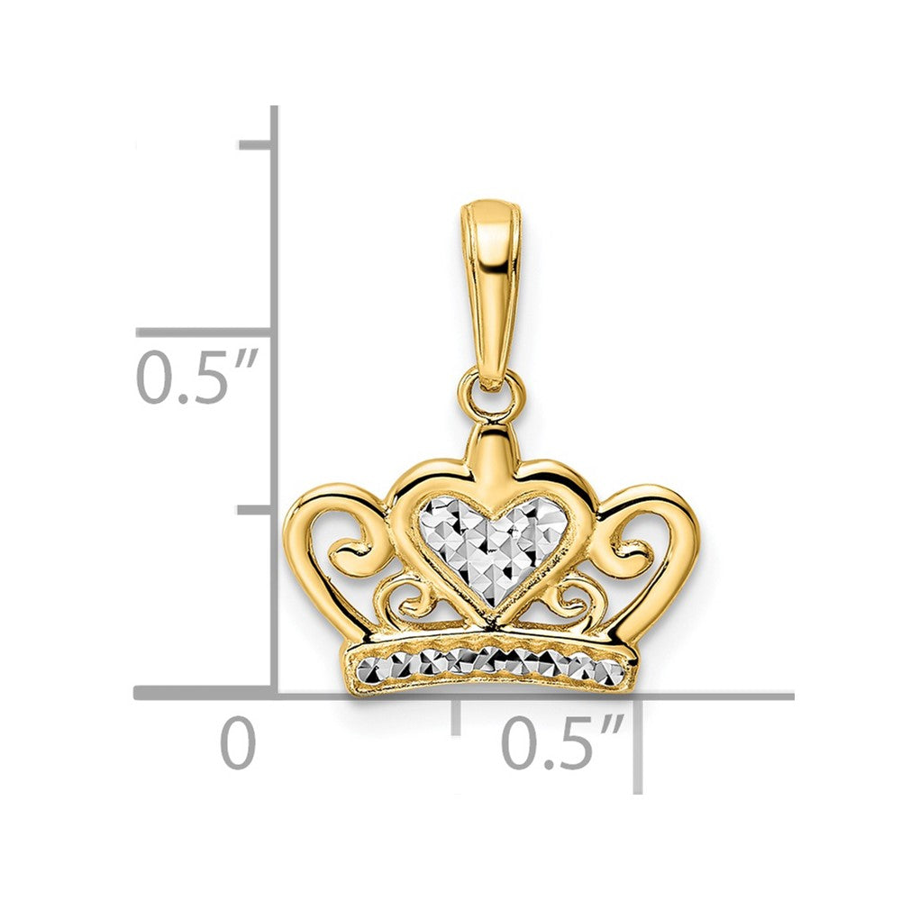 14K Yellow & Rhodium And White Diamond-Cut Heart Crown Pendant