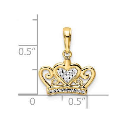 14K Yellow & Rhodium And White Diamond-Cut Heart Crown Pendant