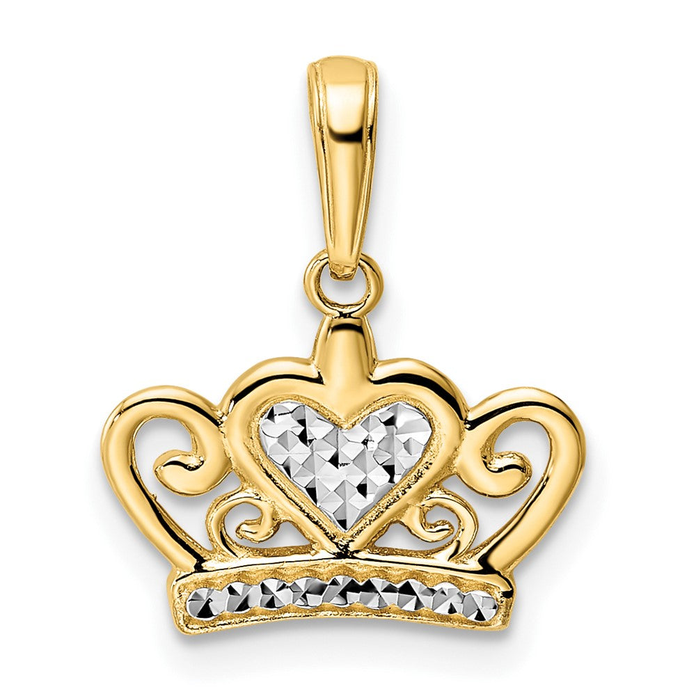 14K Yellow & Rhodium And White Diamond-Cut Heart Crown Pendant