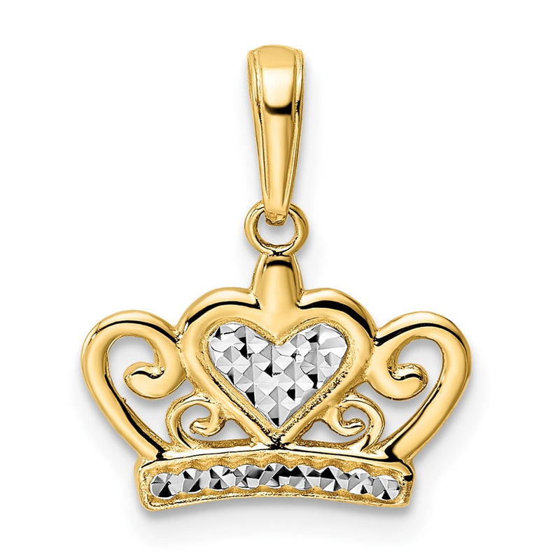 14K Yellow & Rhodium And White Diamond-Cut Heart Crown Pendant